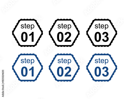 Set of Numbered Hexagonal Step Icons with Scallop Edges (01, 02, 03)  Vector Blue and Black Process Badges for Workflow, Tutorials, and Sequential Steps