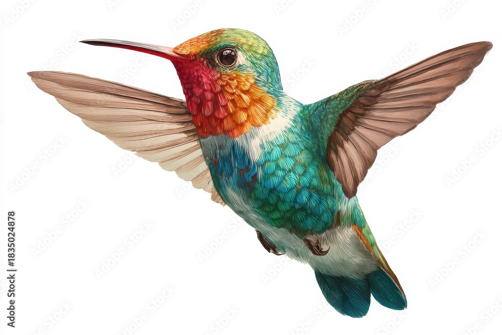 Naklejka premium Colorful hummingbird in mid-flight displaying vibrant plumage against a transparent backdrop showcasing its intricate feathers and natural beauty