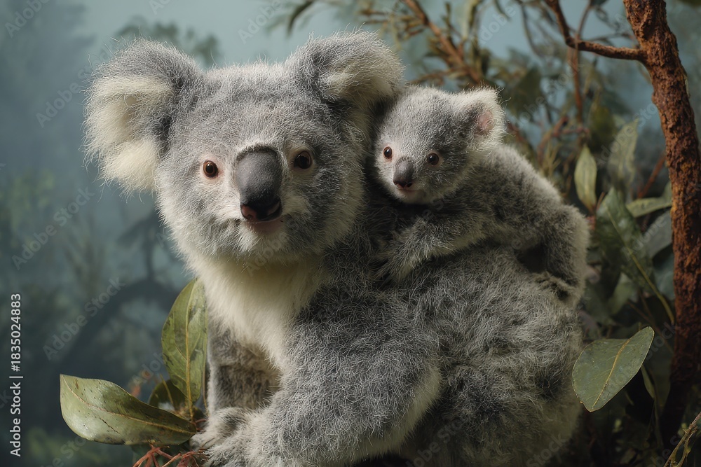 Obraz premium Mother koala carries her baby on her back among lush foliage in an Australian forest during daylight hours
