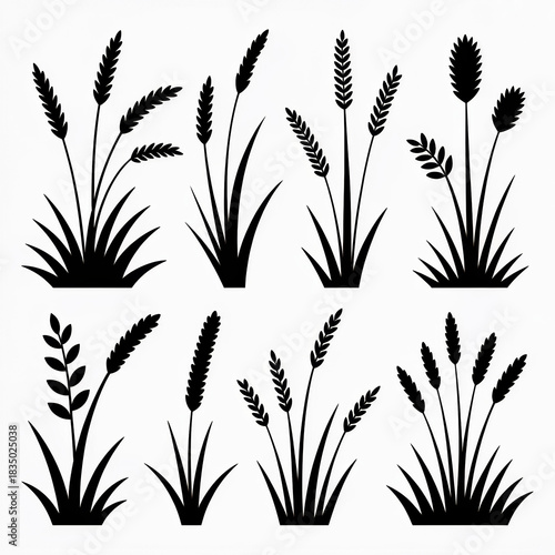 A stylized, graphic illustration featuring a collection of eight distinct silhouettes of tall grasses and seed heads against a clean white background. 