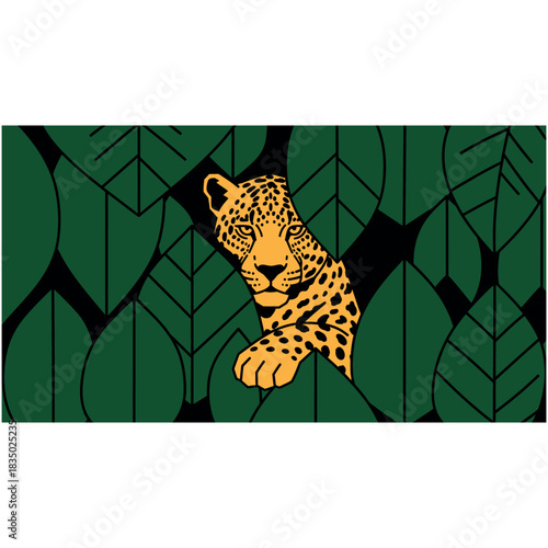 Jaguar Peeking Through Jungle Leaves Illustration: Leopard Peering from Tropical Green Foliage, Wild Cat Predator in Rainforest - Flat Vector Design