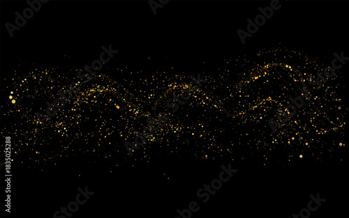 Gold exquisite wavy design of small isolated tinsel on black background.