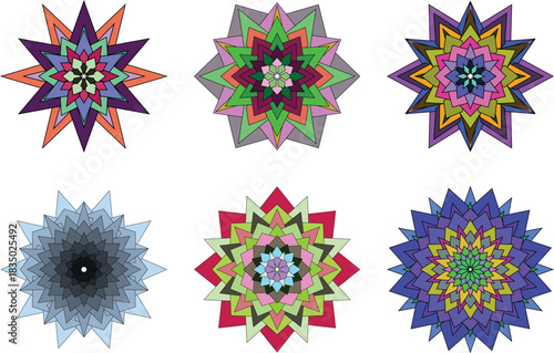 Collection of abstract multicolored starshaped designs for decorative backgrounds and patterns
