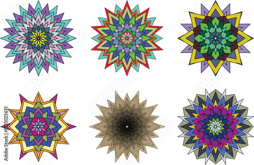 Variety of colorful starshaped mandalas  kaleidoscopic geometric designs on transparent background
