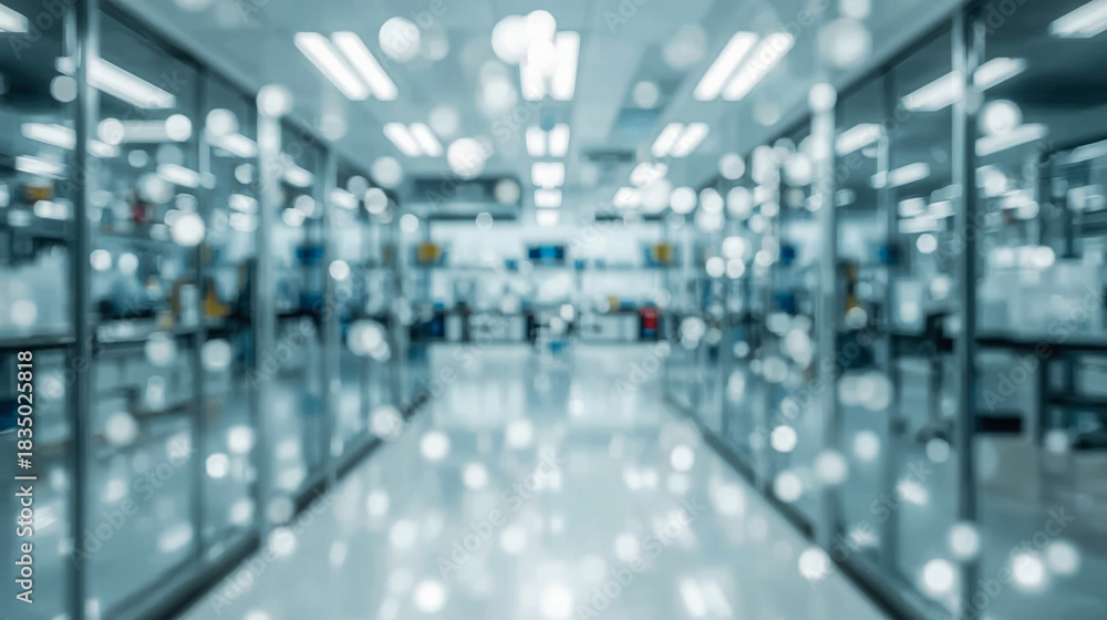 Fototapeta premium Abstract defocused laboratory background with glass flasks and beautiful bokeh. Medical science, pharmaceutical or chemical research backdrop.