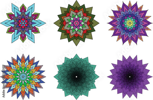 Set of six colorful geometric floralstyle patterns isolated on transparent background