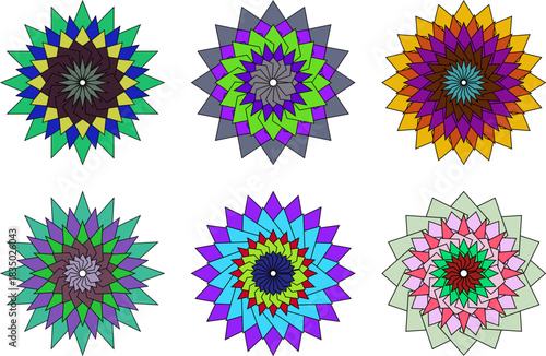 Collection of six vibrant geometrical rosette shapes as abstract design elements