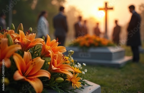 Funeral ceremony at cemetery with flowers coffin and people. Close relatives grieve at burial of loved one. Cross in background. Remembrance solemn event.
