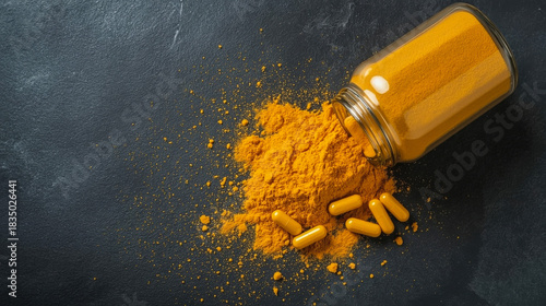 Spilled turmeric powder and curcumin capsules from glass jar on dark stone. Natural immunity supplement concept.