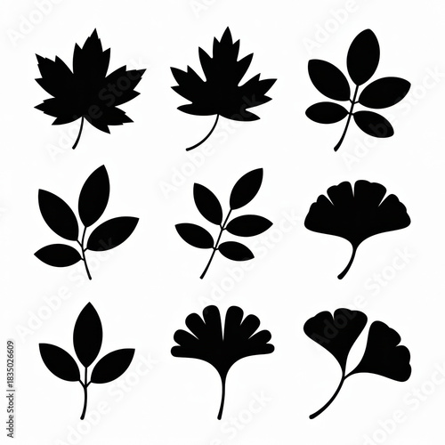A minimalist, graphic design composition showcasing nine distinct silhouettes of autumnal leaves arranged in a 3x3 grid against a pure white background. 
