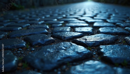 Dark blue cobblestone path goes into distance. Wet stone texture shows water drops, green grass, dirt between rough blocks. Light shines ahead, creating moody ancient road. Old medieval street