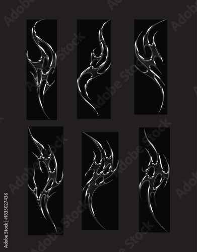 Set pack chrome metal of y2k tribal gothic sigilism tatto. Flame shape in liquid mercury. 3d illustration of abstract neo tribal cyber sigil metallic melted modern burn form, design element.