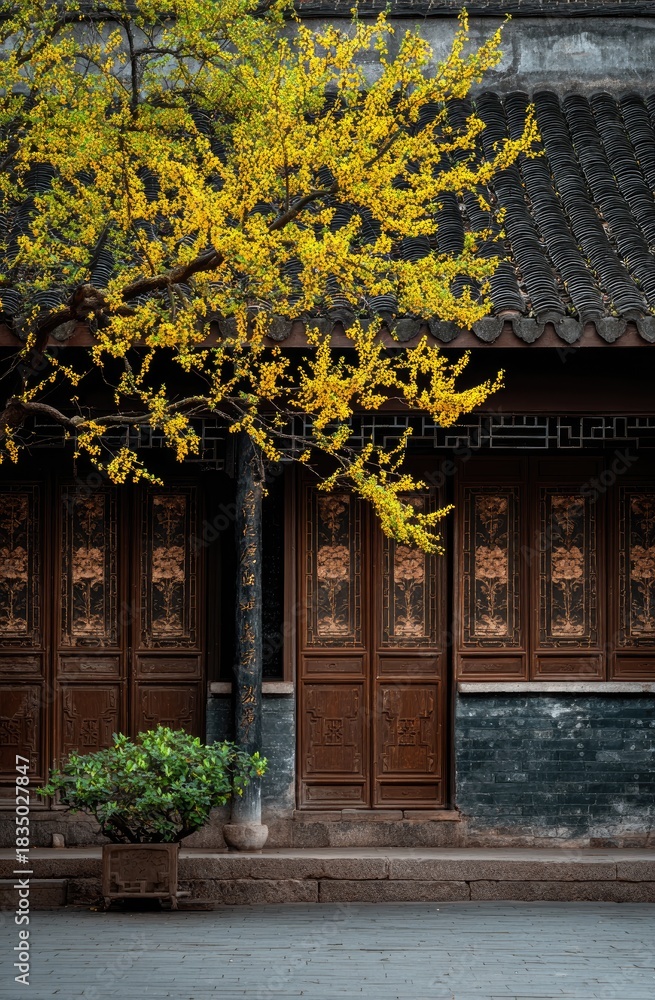 Obraz premium Ancient Chinese architecture with bright yellow blossoms, elegant wood doors, and a potted plant