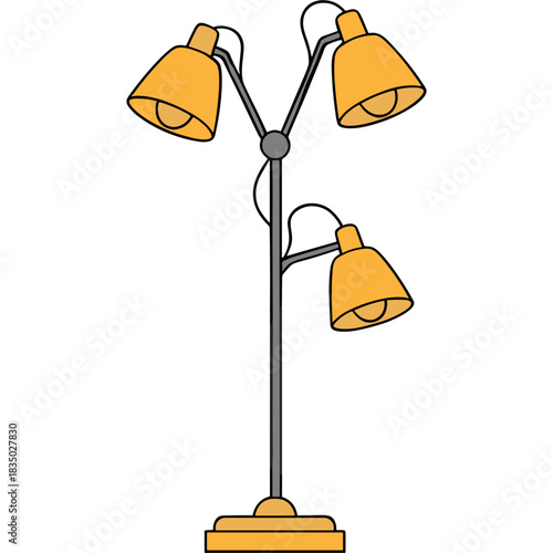 Modern Yellow Torchiere Floor Lamp with Three Adjustable Heads and Bell Shades Illuminated Against a Black Background