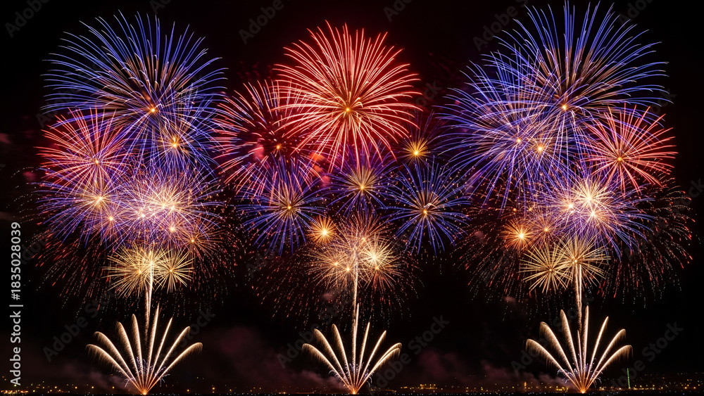 Naklejka premium Colorful fireworks burst across the night sky above the city waterfront, reflecting on the water and creating a grand, vibrant celebration atmosphere.