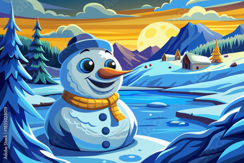 snowman beside a shallow snowy lakeside, with gentle reflections forming a peaceful Christmas 2026 winter environment