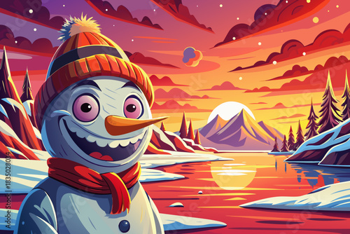 snowman beside a shallow snowy lakeside, with gentle reflections forming a peaceful Christmas 2026 winter environment