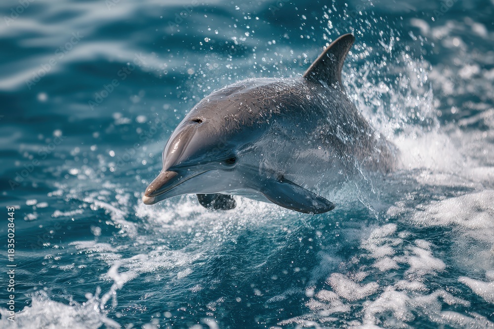 Obraz premium Playful dolphin leaps joyfully out of the water against a backdrop of shimmering blue ocean waves on a bright sunny day