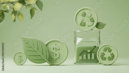 Eco-friendly finance and growth concept with recycle symbols, coins, and plant leaves