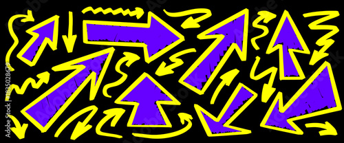 Playful arrow doodles created with marker marks and layered highlight effects. Each arrow uses bold line strokes and extra highlight depth defining every line.