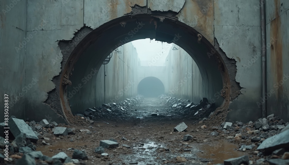 Fototapeta premium Broken concrete tunnel interior with rubble debris on ground. Cracked wall reveals inner structure and dark passage ahead. Gloomy atmosphere hints at disaster or ruin.