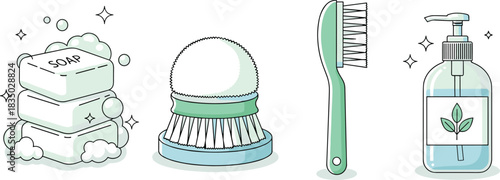 Clean hygiene tools collection featuring soap bars, brushes, and pump bottle for bathroom, skincare, and personal care design use