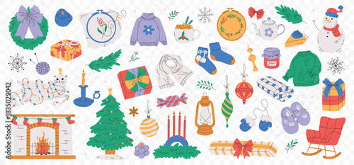Cozy hand drawn flat set of Christmas and New Year. Traditional winter elements and decorations Christmas tree, wreath, candles, clothes and other. Holiday icons for card, stickers, print