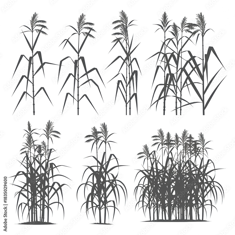 Obraz premium This image features a collection of stylized illustrations of tall, reedy plants, likely reeds or cattails, rendered in a clean, graphic, and monochromatic style with bright gray silhouettes.