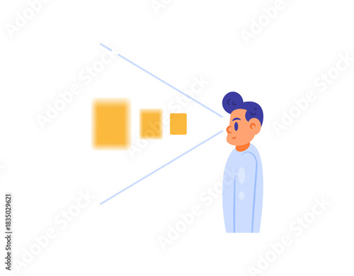 Illustration of a man whose vision is blurry as objects get further away. nearsightedness or myopia. Eye health problems. Flat style person character. White background