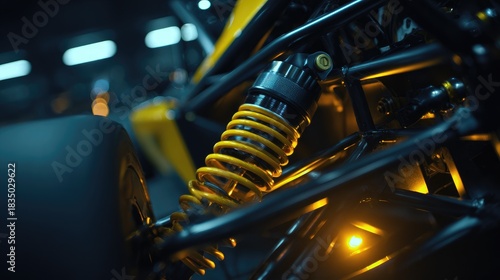 Close-up of a race car's suspension and shock absorber with yellow spring, black frame, and glowing lights