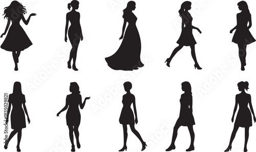 Ten female silhouette figures showcase different poses and fashion styles in this graphic