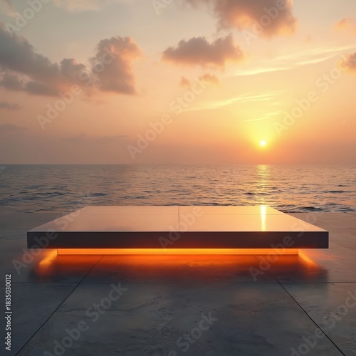 Modern platform floats over calm ocean at sunset. The serene seascape features a minimalist design illuminated by warm orange light reflecting on water surface. Peaceful evening ambiance.