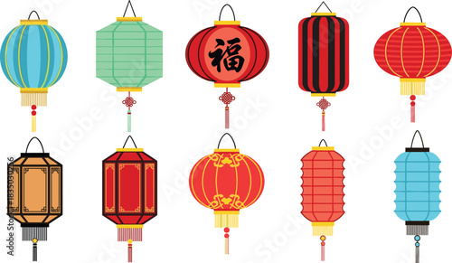 Traditional Chinese lantern collection with diverse colors, shapes, and tassel designs for cultural celebration, decoration, and illustration use