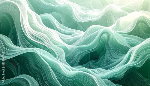 Abstract light green waves create a serene, flowing background. Subtle texture adds depth to the rippling pattern