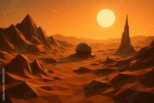 Sunset Canyon Rocky Desert Warm Landscape with Dramatic Light and Golden Horizon Illustration
