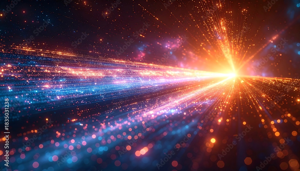 Obraz premium Abstract light streaks converge into a central glowing point, with blue and orange hues against a dark backdrop