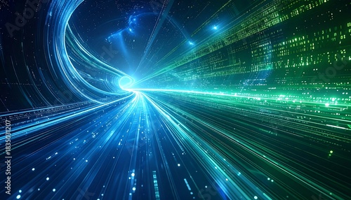 Abstract light streaks blend blue and green in a dynamic perspective tunnel, converging towards a bright light source