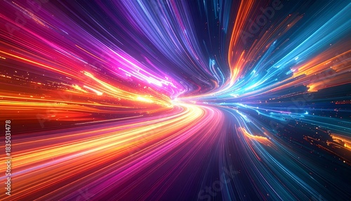 Abstract lines of vibrant light converge into a central point, creating a dynamic, energetic visual effect