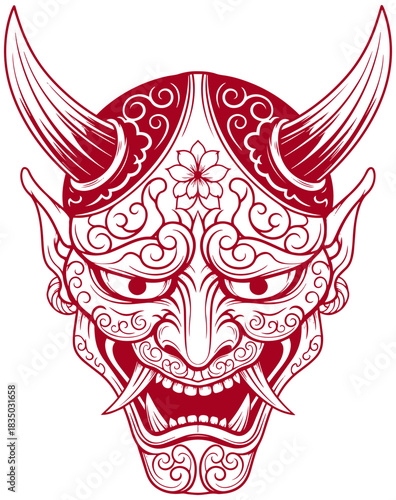 Intricate Oni mask with sharp fangs and horns, bold Japanese folklore design element