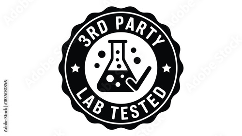 Black and white seal or badge indicating third party lab tested with a beaker and checkmark