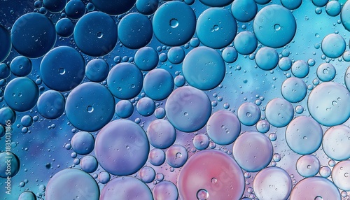 Abstract macro of oil droplets in water, forming a mesmerizing array of colorful circles against a gradient background