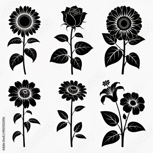 A high-contrast, minimalist graphic illustration composed of six distinct floral silhouettes against a stark white background. 