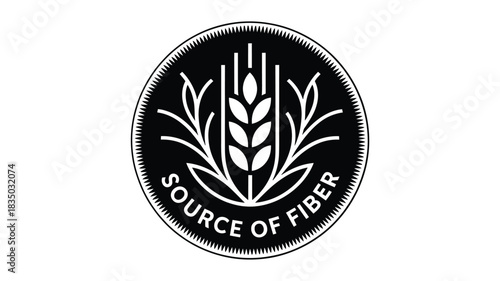 Black and white oval emblem with wheat stalk and text source of fiber