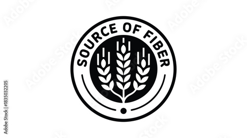 Oval emblem with wheat stalks and text source of fiber promoting healthy eating and nutrition