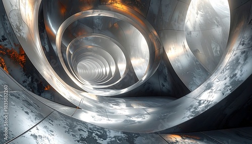Abstract metallic spiral tunnel. Shiny, gray, and illuminated, appearing otherworldly with its winding, futuristic form
