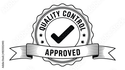 Black and white illustration of a quality control approved badge with a checkmark and ribbon