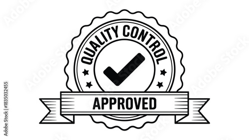 Black and white emblem with a checkmark and the words quality control approved
