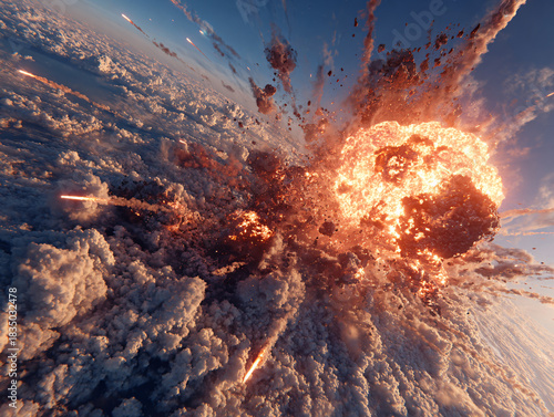 a massive explosion in the sky, surrounded by clouds. The explosion emits bright orange flames and fragments, creating a dramatic and powerful visual effect.