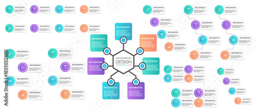 Collection of infographic designs for business presentations. Includes multiple steps, timelines, and hexagonal layouts to visualize data. Use for workflow, process diagram, and project management.