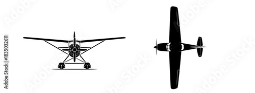 Orthographic illustration of a vintage high-wing propeller airplane. This technical drawing shows the front and top-down silhouette views of a light aircraft